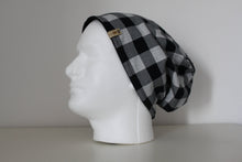 Reversible Grey White Buffalo Plaid and Black Slouchy Beanie Hat - Adult