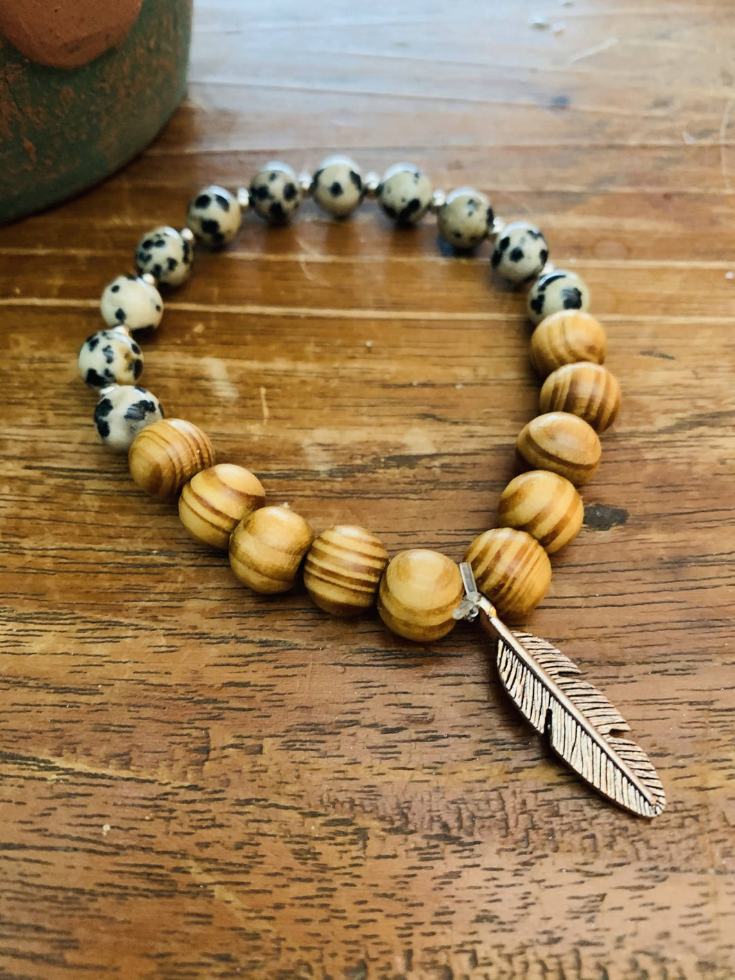 Wood and Dalmatian Jasper Mala Bracelet