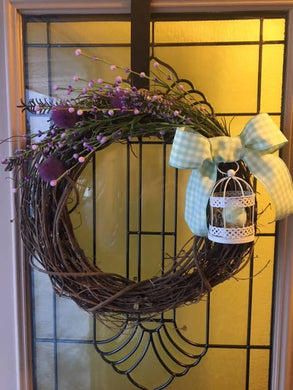 Spring Wreath with Birdcage and Mint Green Ribbon