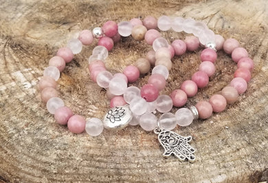 Rose Quartz and Rhondonite stacking bracelet set