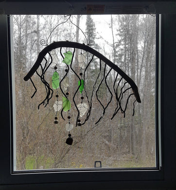 Seaglass and leather-shag art hanging