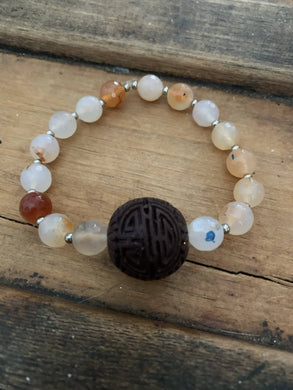 Agate with Chinese hand carved wood bead Mala Bracelet