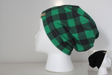 Green Buffalo Plaid and Black Slouchy Beanie -- Adult