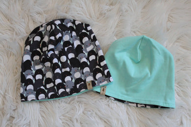 Reversible Penguins and Seafoam Green Slouchy Beanie Hat