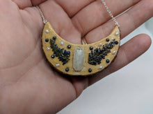 Handmade Live Edge Wood and Gemstone Moon Pendant - Rainbow Moonstone, Pearls, and Pyrite