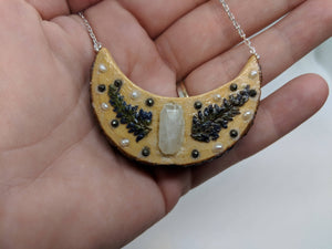 Handmade Live Edge Wood and Gemstone Moon Pendant - Rainbow Moonstone, Pearls, and Pyrite