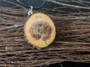 Handmade Live Edge Wood and Gemstone Pendant - Red Clover and Peridot