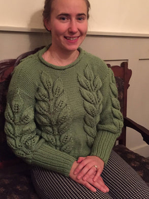 Spring Green Knitted Sweater With Leaves Pattern