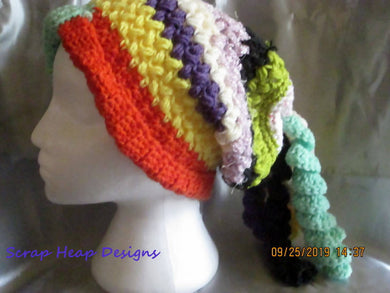 Adult Crocheted Multi Coloured Bean Stitch Complete with Curly Q's Toque/Beanie