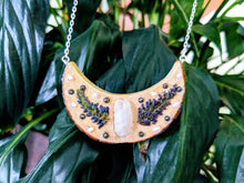 Handmade Live Edge Wood and Gemstone Moon Pendant - Rainbow Moonstone, Pearls, and Pyrite