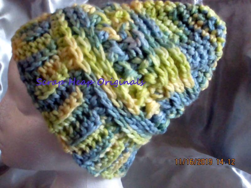 Adult Sized Blue/Yellow Chunky Variegated One of a KInd Crocheted Slouchy/Beanie