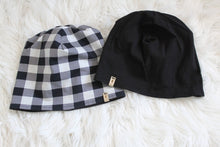 Reversible Grey White Buffalo Plaid and Black Slouchy Beanie Hat - Adult