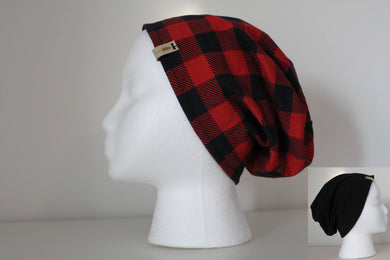 Reversible Red Buffalo Plaid and Black Slouchy Beanie -- Adult