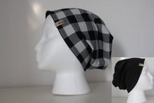 Reversible Grey White Buffalo Plaid and Black Slouchy Beanie Hat - Adult